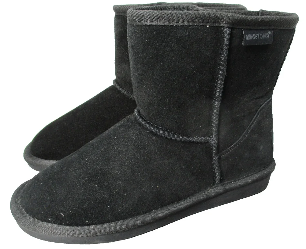 Minnetonka Faux Fur Suede Black Mini Winter Slip On Boots Womens Sz 6